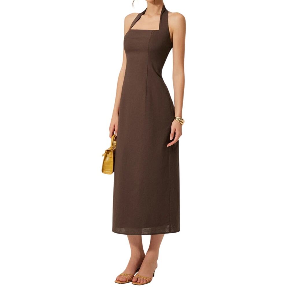 Commense Linen Blend Halter Maxi Dress XL Brown Backless Split NWT - Euro Summer